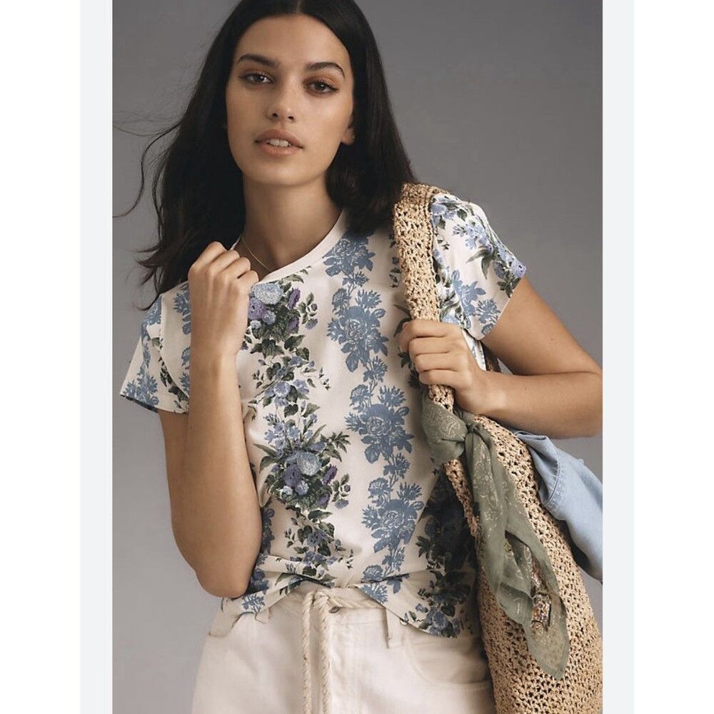 Anthropologie Clare V Ivory/Blue Floral Classic Cotton Tee Size S Short Sleeve